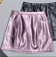 亮面漆皮裙 粉紅色 Party Metallic Pink Faux Leather A-Line Mini Skirt with Pockets