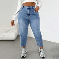 Plus Size Blue Denim Loose Mom Fit Pants, Minimalist Fashion Casual Everyday Wear Summer Vacation Wo