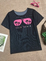 女性椰樹&amp;字母印花透視網紗遮罩，適用於海灘度假和太陽眼鏡