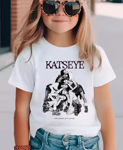 Summer short-sleeved shirt, girls' combination, Katseye pattern, children's casual cotton T-shirt