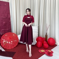 ELEVENCLOTHING - Cella Midi Dress Congsam Imlek Simple Premium Korean Style Dress Polite - ECR 1140
