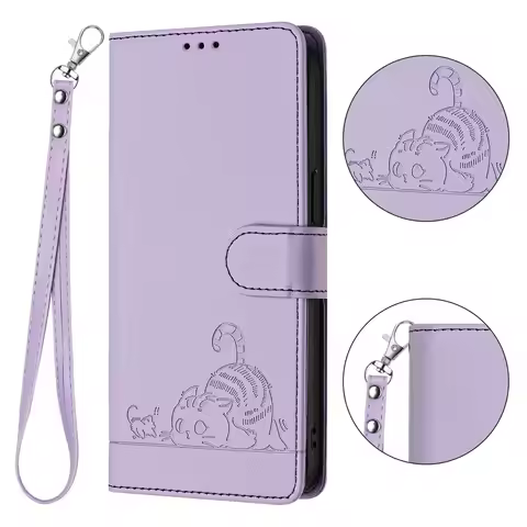 Wrist Strap Cat Leather Phone Case Wallet For Realme 14 13 12 11 10 P3 Pro 5G C75 C67 C65 C63,OnePlu