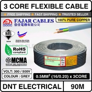Sirim (100% Pure Copper) 0.5MM FAJAR 3 Core Flexible Cable Core | Fajar Cable Wire Wayar | PVC Contr