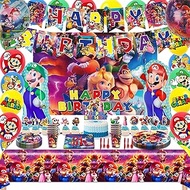 Mario Birthday Party Supplies,Mario Party Decorations Set Included Mario Balloons, Backdrop, Banner, Tablecloth, Cupcake Cake Toppers,Tableware