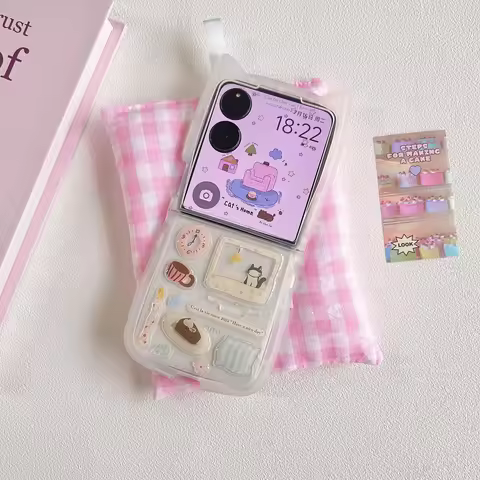 Korean Cute Kitten Cartoon Sticker Cat Ears Phone Case For Samsung Galaxy Z Flip 7 SE Flip 6/5/4/3 G