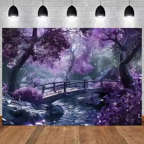 Romantic Bougainvillea & Purple Flower Landscape Tapestry - Rustic Bridge Scene Wall Decor For Bedro