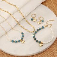 Tel: Set Blue Apatite Necklace Bracelet Beaded Stainless Steel Love Natural Stone Earring Set