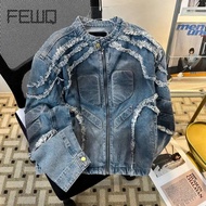 ZH【 Ready Stock】FEWQ American Style Men's Jackets Stand Collar Raw Edge Shoulder Padded Design Zippe