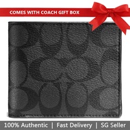 Coach Men Men Wallet In Gift Box Compact Id Wallet In Signature Charcoal / Black # 74993
