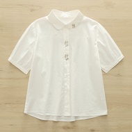 เสื้อเชิ้ตแขนสั้นผ้าฝ้ายแท้สีขาวทรงหลวมสำหรับผู้หญิง ฤดูร้อนปี 2025 ทรง POLO คอกลม สไตล์เรียบง่าย สไ