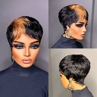 Chic Pixie Cut Wig For Women - Glueless Brazilian Human Hair, Black With Brown Highlights,1B/33 Colo