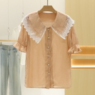 Áo Sơ Mi Tay Ngắn Thường Ngày Mùa Hè 2025 Áo Sơ Mi Cổ Búp Bê Màu Trơn Bằng Polyester Pha Trộn Dành C