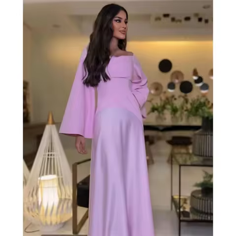 A-shaped pink Prom Dresses vestidosde noche Customized Long Sleeves Off the Shoulder Formal Evening 