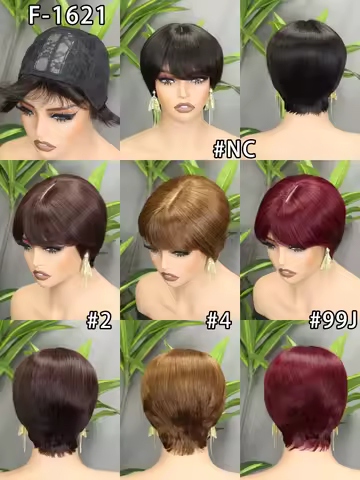 Human Hair Wig Pixie Cut Style With Bangs Short Layered Straight Hair Black Brown 99J Color Natural 