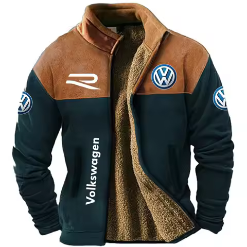 2025 Autumn/Winter 3D Volkswagen Logo Printed Plush Warm Coat, Men's New Warm Stand Collar Windproof