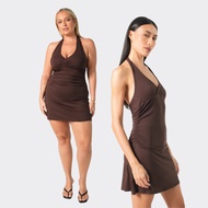 Bamboo Blonde - Odette Jersey Mini Dress, Brown | Halter Neck, Party Dress, Balinese Dress