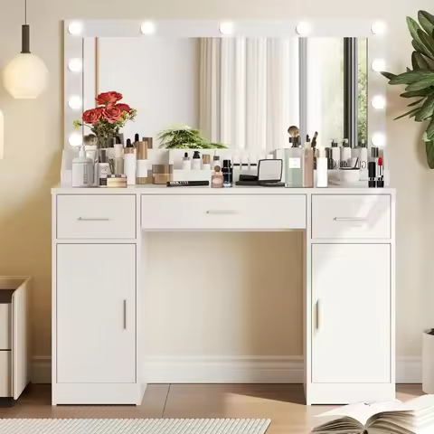 Vanity Desk with Large Mirror, 3 Colour Lighting Modes, Dresser with 3 Drawers & 2 Vertical Cabinets