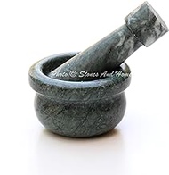 Stones And Homes Indian Green Mortar and Pestle Set Small Bowl Marble Stone Molcajete Herbs Spices for Home and Kitchen 3 Inch Polished Round Stone Molcajete Herbs Spices - (7.6x4.8x3.2 cm)
