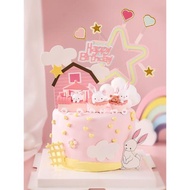 烘焙蛋糕裝飾粉色兔兔火車玩偶擺件小兔子風車卡通生日hb插牌插件