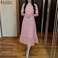 ZANZEA ชุดเดรสแขนสั้นผ้าลูกไม้สำหรับผู้หญิงทันสมัยชุดเดรสมิดิซันเดรสเสื้อยืดคอกลมชุดเดรสแฟชั่นสตรีพื