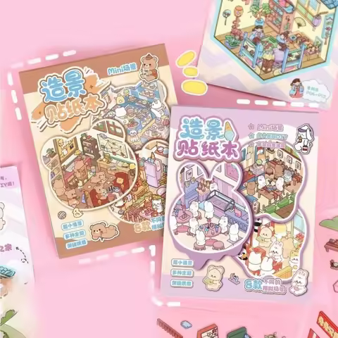 3D Miniature Scene Stickers Cartoon 8 Sences Landscape Sticker Book Stacking Pasting Mini Miniature 