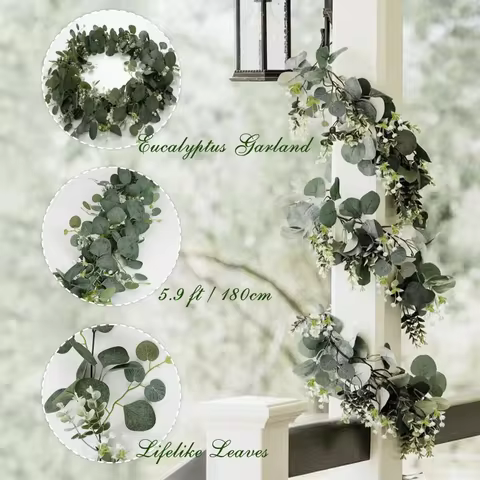 1Pc Artificial Eucalyptus Leaves Greenery Garland Faux Plant Spring Vines with White Flowers Berries