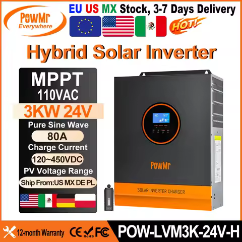 PowMr 3KW 110VAC Hybrid Solar Inverter Pure Sine Wave With MPPT 80A Charger Controller PV 500VDC Sup