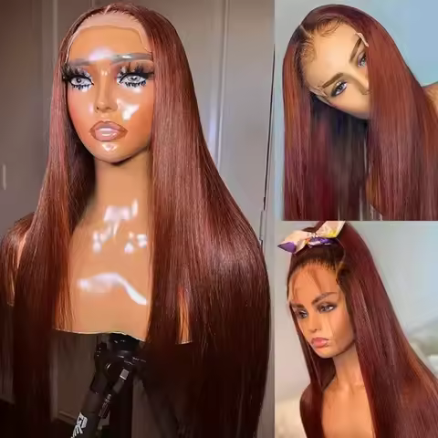 Reddish Brown 4x4 Lace Closure Wigs Human Hair 180% Density Straight Copper Red Lace Front Wig Aubur