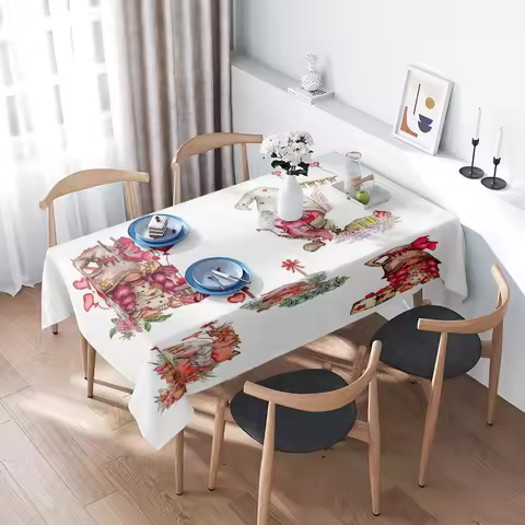 White Tablecloth with Christmas Decorations for Dining Room Red Floral Design and Santa Claus Print 