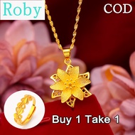 Philippines Ready Stock Original Saudi Gold 18k Pawnable Legit Necklace for Women Jasmine Flower Pendant Fashion Chain Necklaces Birthday Gifts for Women Jewelry Set Wedding Buy 1 Take 1 Free Ring