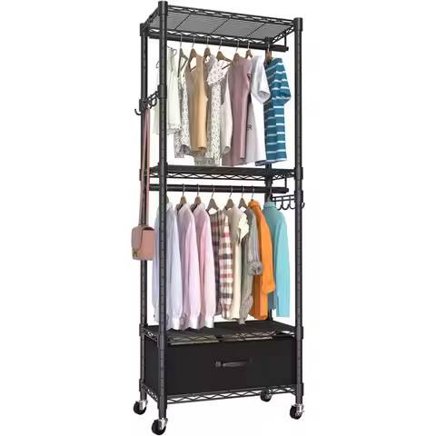 4 Tiers Adjustable Closet Organizer System with Double Rods, Side Hooks, Load 445lbs, 23 L x 13.18 W