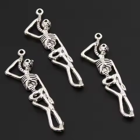 25pcs Silver Color 42x12mm Skeleton Man Charms Skull Pendant Halloween Gifts For DIY Handmade Punk J