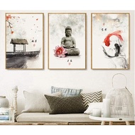 New Chinese Ink Flowers Buddha 3 Pieces Wall Art Print Picture Canvas Painting Poster for Living Roo