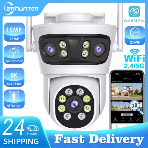 15MP Outdoors Wifi Camera 10K HD Three Lens Security 5G PTZ IP Camera 5X Digital Zoom Lens Human AI 