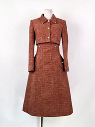 RYRYSTYLE ชุดสตรี2ชิ้นแขนยาวคอปกทวีดกระดุมแถวเดียวเอวเสื้อคลุมสั้นชุดเดรสแบบแขวน13DB3392ใหม่สำหรับฤด