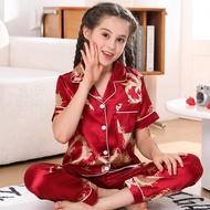 Bộ Pyjama Satin Cho Bé Gái Quần Dài Áo Cardigan Ngắn Tay Kiểu Nút Lụa Phù Hợp Cho Trẻ Em Từ 8-13 Tuổ