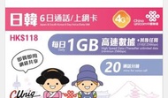 現貨3張 特價 日本韓國6天通話上網數據sim卡 @$75