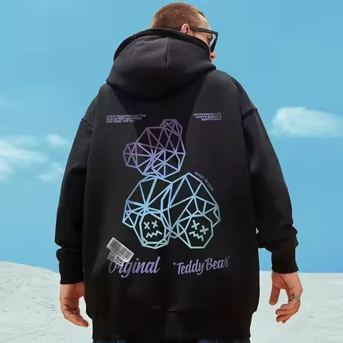 M-8XL Oversized Hoodie Mens American Pullover Sweatshirt Cartoon Geometry Bear Print Hooded Oversize