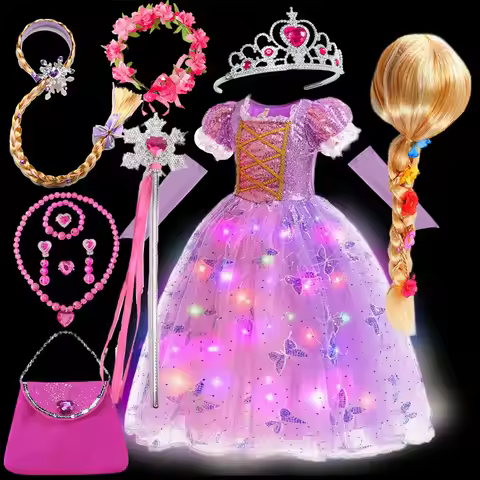Disney Tangled Rapunzel Short Sleeve Dress with Sleeves Girls Glow Dress Ball Gown Toddler Christmas