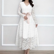 NEW Dress Brukat Lengan Panjang Gaun Sopan Dress Putih Kristen Naik Sidi Pakaian Fashion