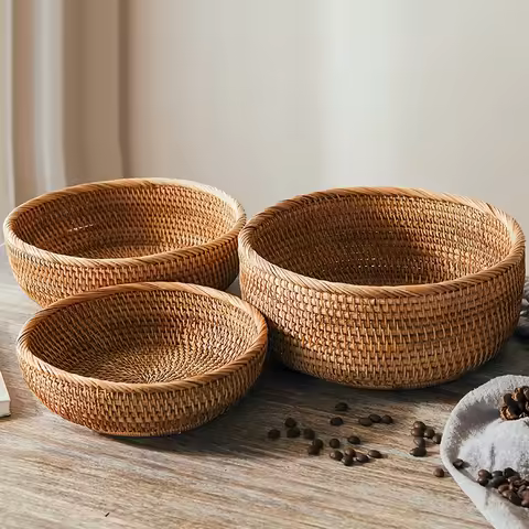 1pc/3pcs Rattan Fruit Basket Circular Woven Decorative Serving Basket Steamed Bun Basket Home Deskto