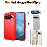 (4in1)For Google pixel9 9pro Pixel 9 Pro XL Brushed Phone Case+Tempered Glass Film +Lens Film+ Back 