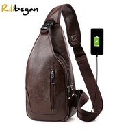 Casual Men Chest Bag USB Charging &amp; Headphone Jack Leather PU Crossbody Bag for Men Large Capacity Men Travel Business Bag