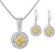 Classic 2 Tone Plated Clover Unique Design Crystal Earring and Pendant Necklace Hardy Fashion Jewelr