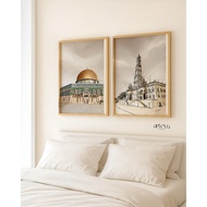 1 Set of 2 Islamic Wall Decor Painting Dome of The Rock Palestine & Sketch of Tarim Mosque Yemen Cal