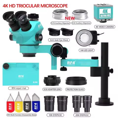 RF4 Trinocular Stereo Microscope Set 360 ° Rotation Articulating Arm Stands Phone Soldering PCB Repa