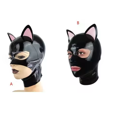 Adult Latex Hood Mask with Pink Cat Ears Back Zipper Rubber Head Mask Pretty Women Cosplay Costumes 