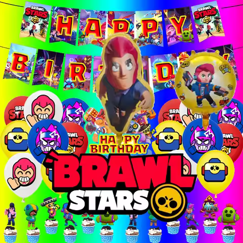 Balloons Brawl Stars Party Decoration Happy Birthday Banner Game Background Cake Topper Stickers Dis