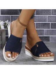 新款夏季女士平台楔形跟開趾拖鞋，時尚休閒增高涼鞋