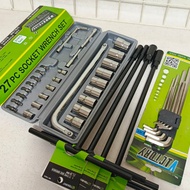TEKIRO 4pcs T-Wrench 8-10-12-14mm + 27pcs Victory Shock Socket Wrench + 9pcs Long L-Spanner Set - To